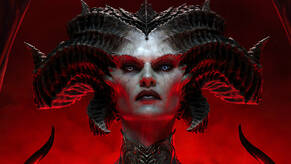 Diablo 4 antagonist Lilith, close up, looking imperiously down at the camera, huge horns spiralling back and away from her head. The background is hell-red. She's not messing around.