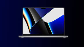 Image of a 2021 MacBook Pro laptop on a blue to black gradient background.